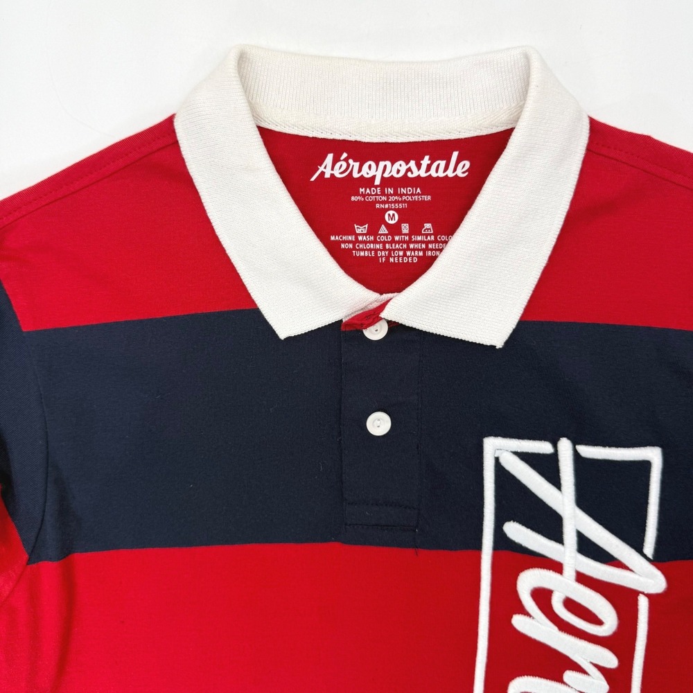 Aeropostale Polo Shirt Men Medium Red Navy Blue Striped Logo Short Sleeve Casual